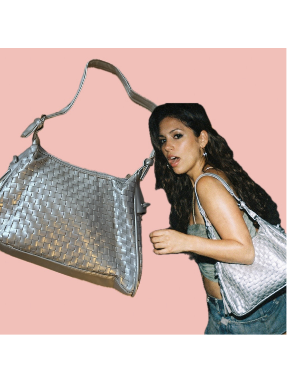 Y2K Silver Woven Shoulder Bag Baguette Style – Metallic Braided Purse